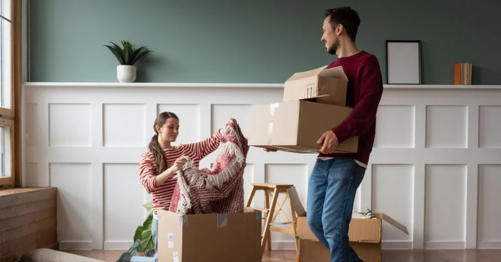 Couple packing boxes and preparing for Moving House in Melbourne, organized by Harry The Mover