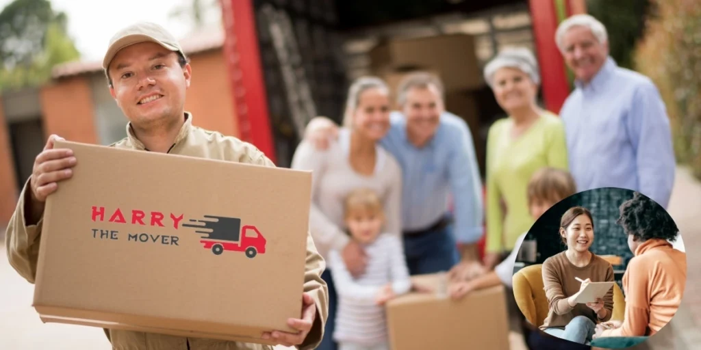 Professional mover from Harry the Mover delivering boxes to a happy family, showcasing their residential moving services.