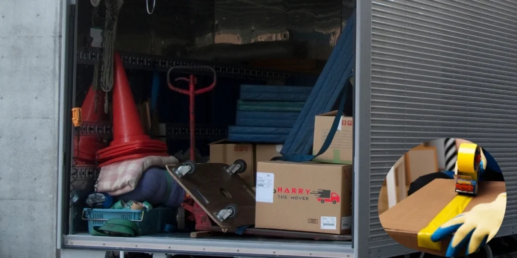 Harry the Mover's moving truck storage compartment filled with moving equipment, boxes and packing supplies.