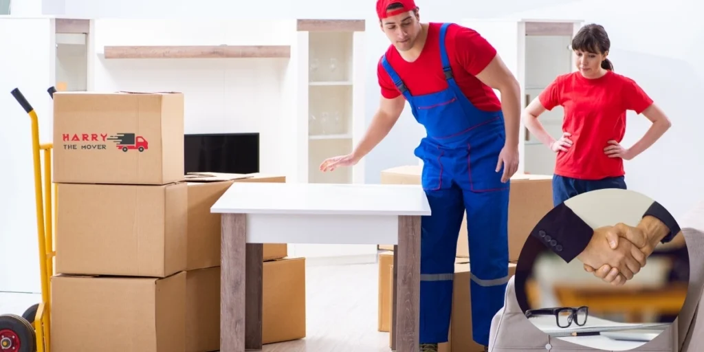 Moving team of Harry the Mover arranging furniture in a client's new home, demonstrating professional moving services.