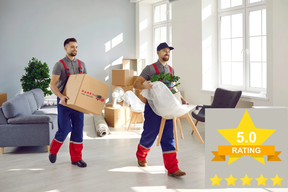 Two Harry the Mover removalists in branded uniforms carrying boxes and plants in a bright Melbourne apartment, with a 5-star rating badge.