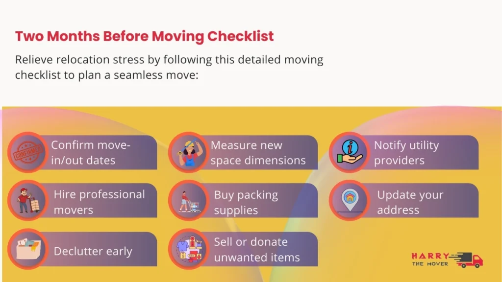 Harry The Mover's 8-step moving checklist showing essential tasks like confirming dates, hiring movers, and decluttering for Australian relocations.