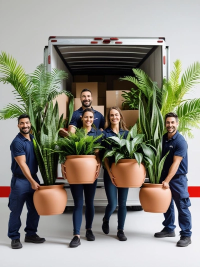 A friendly team of removalists carefully carrying large indoor plants into a truck. The background is white with light red accents and the text is placed neatly at the bottom. 1