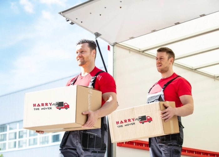 Two movers in red shirts carrying Harry The Mover Adelaide boxes from a truck during relocation. Two movers in red shirts carrying Harry The Mover Adelaide boxes from a truck during relocation.