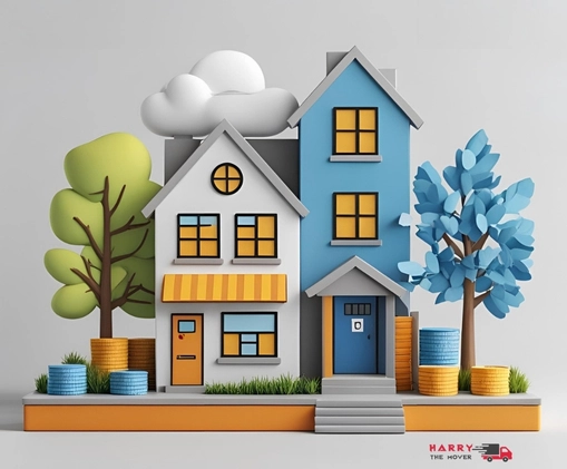Cartoon-style house graphic showing utility setup and address change for interstate relocations.
