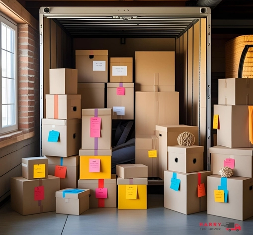 Neatly packed labelled boxes inside moving truck showing smart interstate packing tips.